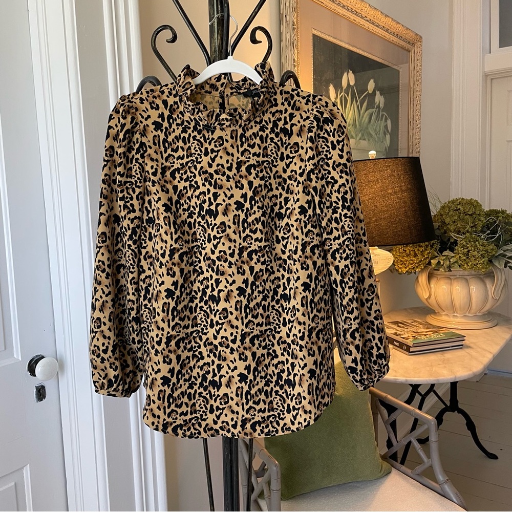 J. Crew Womens XS Leopard Animal Print Blouse Long Sleeves Ruffle Neck NWOT